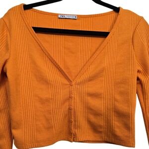 Zara Orange Ribbed Cropped Cardigan Size M Y2K Fall Girl Pumpkin Spice Cozy Core